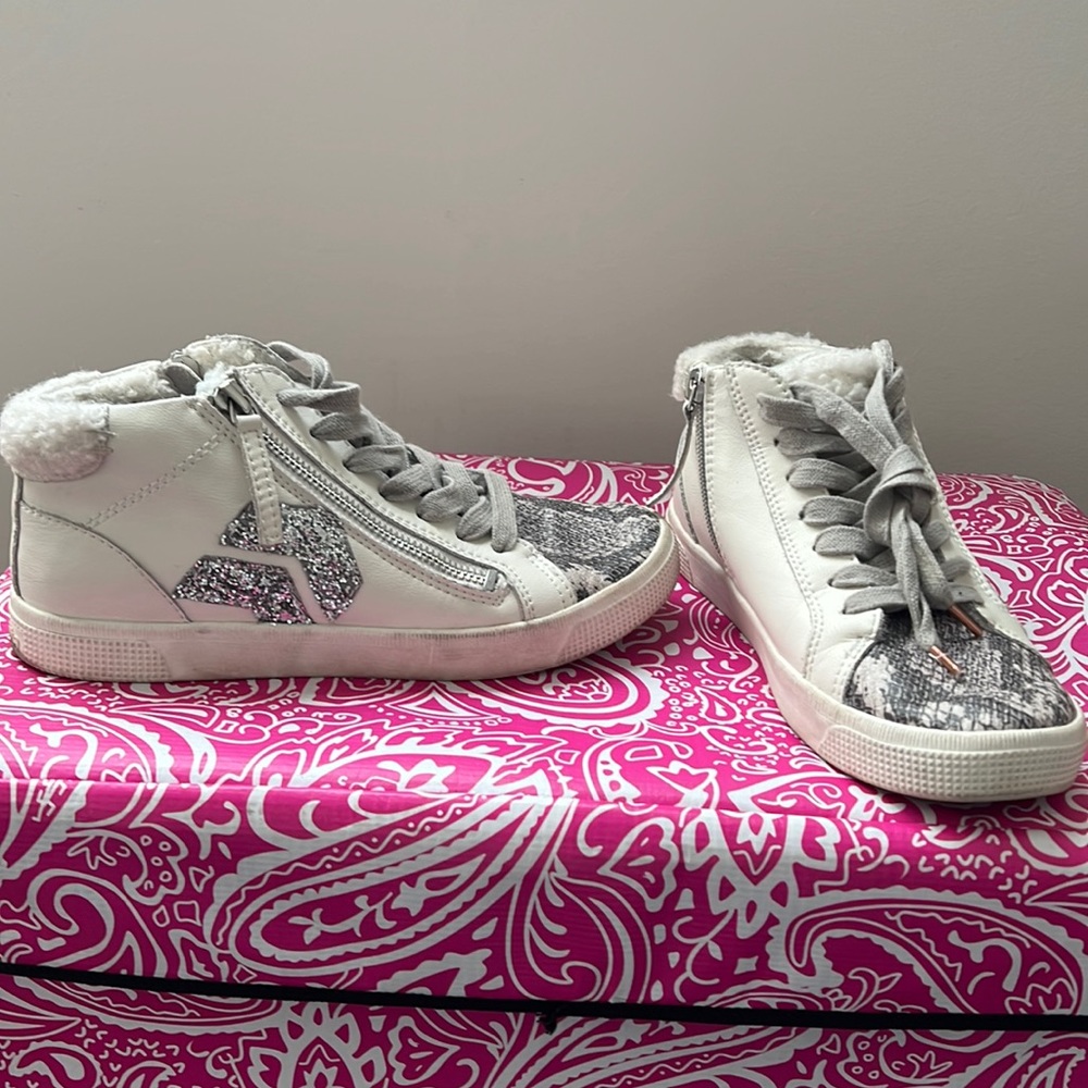 Dolce Vita Sherpa, glitter, snake skin distressed sneakers